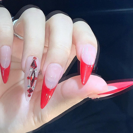 Red Stiletto French Tip Press-On Nails – Rhinestone Accent Glam Set Artificial reusable fake glue on faux manicure nails trendy art