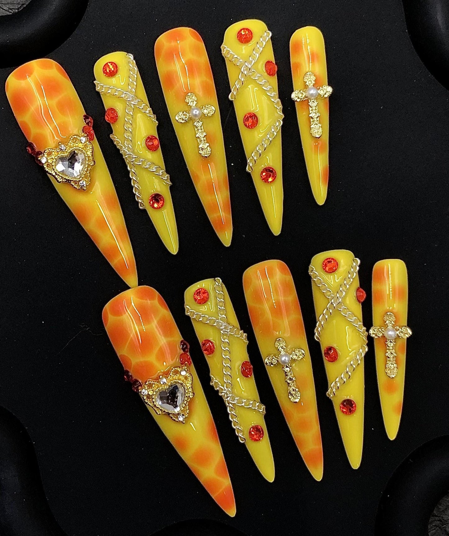 Fiery Yellow Flame Press-On Nails – Extra Long Stiletto with Rhinestones & Chains Artificial reusable fake glue on faux manicure nail art