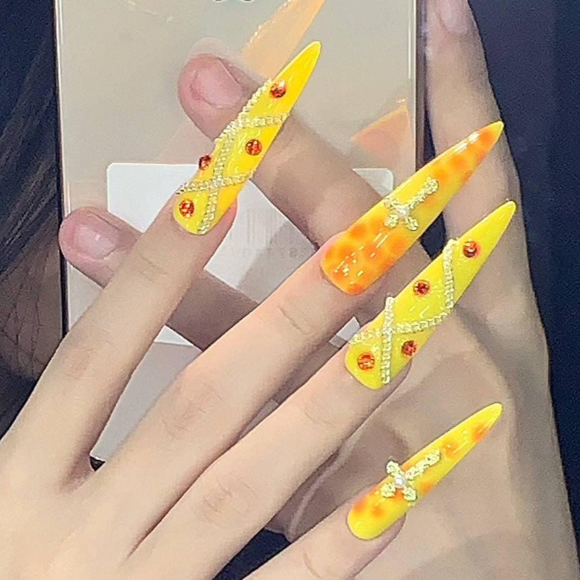 Fiery Yellow Flame Press-On Nails – Extra Long Stiletto with Rhinestones & Chains Artificial reusable fake glue on faux manicure nail art