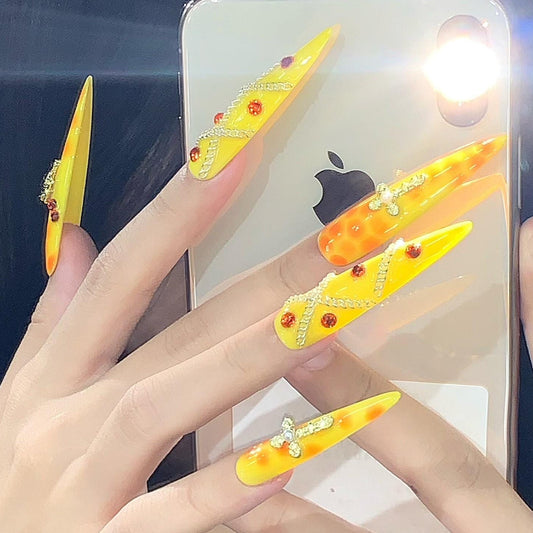 Fiery Yellow Flame Press-On Nails – Extra Long Stiletto with Rhinestones & Chains Artificial reusable fake glue on faux manicure nail art