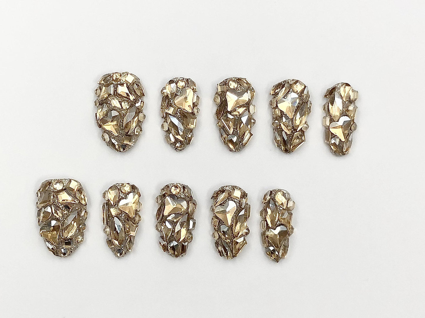 3D Gold Crystal Cluster Press-On Nails – Full Rhinestone Glam Set Artificial reusable fake glue on faux manicure nails trendy art