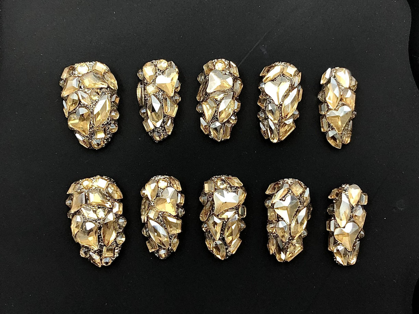 3D Gold Crystal Cluster Press-On Nails – Full Rhinestone Glam Set Artificial reusable fake glue on faux manicure nails trendy art
