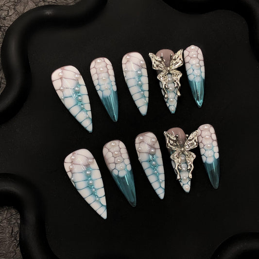 Icy Mermaid Fairy Press On Nails – Blue Chrome & 3D Dragon Scale Set Artificial reusable fake glue on faux manicure nails trendy art