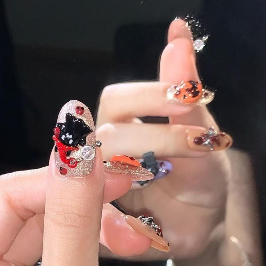 Kawaii Halloween Press On Nails – Ghost, Bat & Pumpkin Spooky Cute Set Artificial reusable fake glue on faux manicure nails trendy art