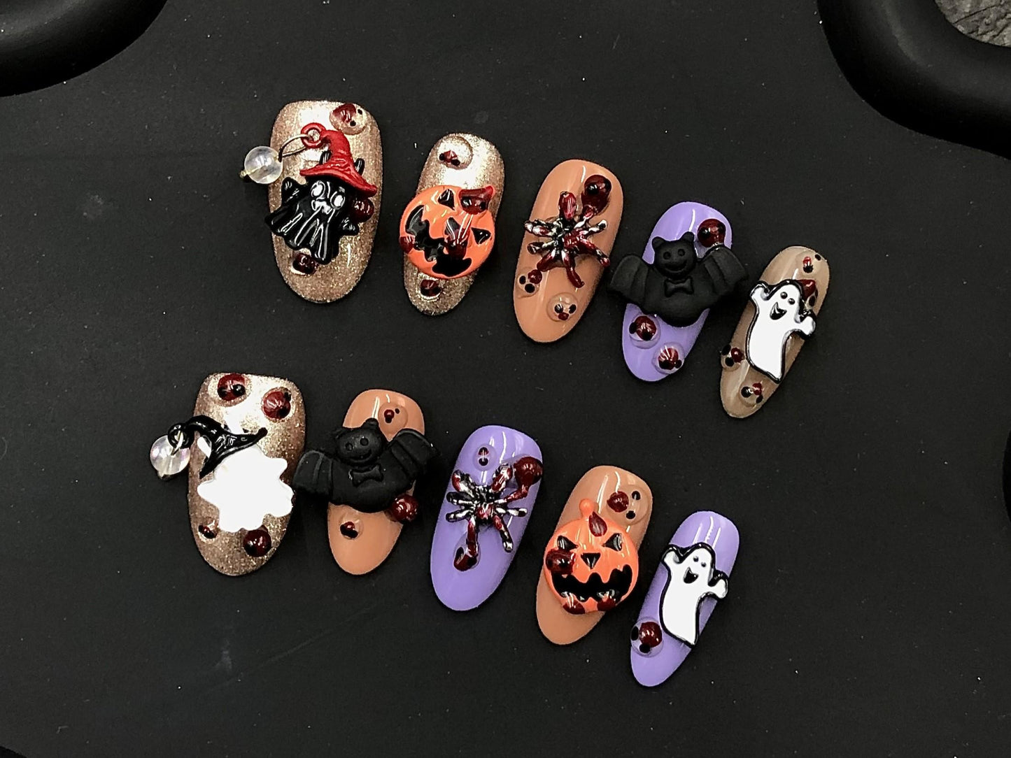 Kawaii Halloween Press On Nails – Ghost, Bat & Pumpkin Spooky Cute Set Artificial reusable fake glue on faux manicure nails trendy art