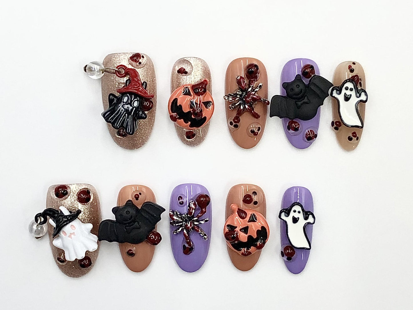 Kawaii Halloween Press On Nails – Ghost, Bat & Pumpkin Spooky Cute Set Artificial reusable fake glue on faux manicure nails trendy art