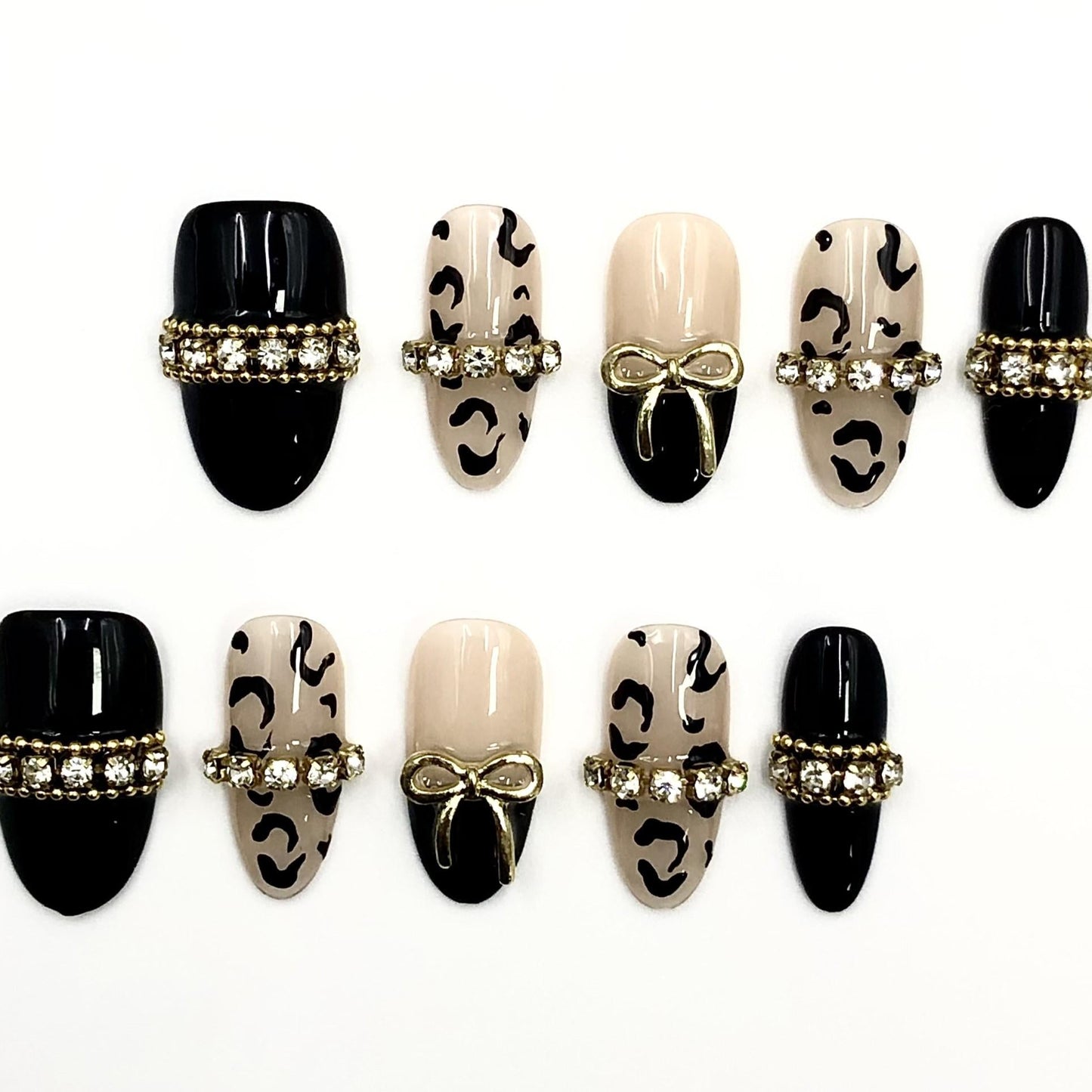 Luxury Black Leopard Print Press-On Nails Gold Bow & Rhinestone Glam Set Artificial reusable fake glue on faux manicure nails trendy art