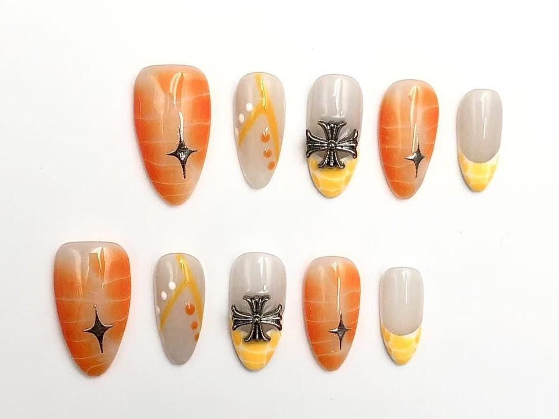 Sunset Chrome Cross Press-On Nails Orange Gradient with Gothic Charm Accents Artificial reusable fake glue on faux manicure nails trendy art