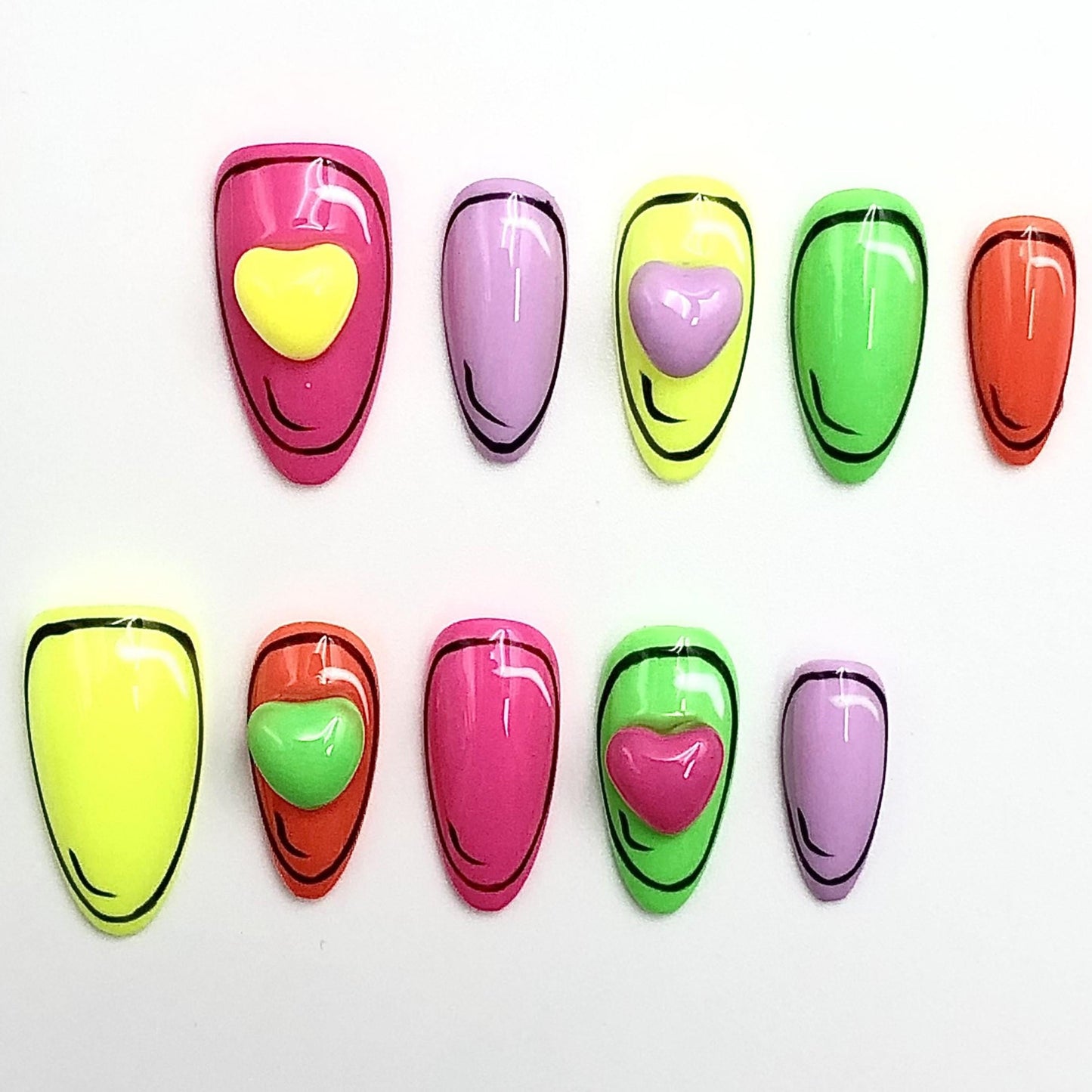 Neon Pop Art Press-On Nails with 3D Hearts – Cartoon Style Y2K Nail Set Artificial reusable fake glue on faux manicure nails trendy art
