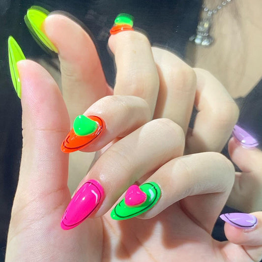 Neon Pop Art Press-On Nails with 3D Hearts – Cartoon Style Y2K Nail Set Artificial reusable fake glue on faux manicure nails trendy art