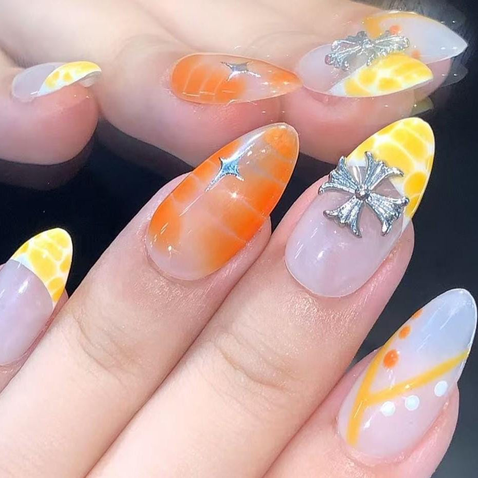 Sunset Chrome Cross Press-On Nails Orange Gradient with Gothic Charm Accents Artificial reusable fake glue on faux manicure nails trendy art