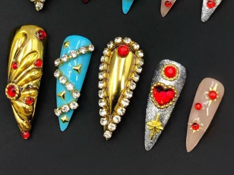 Glam Royal Gem Press-On Nails – Mixed Metallic Design with Rhinestones & Hearts glue on artificial faux reusable nail art