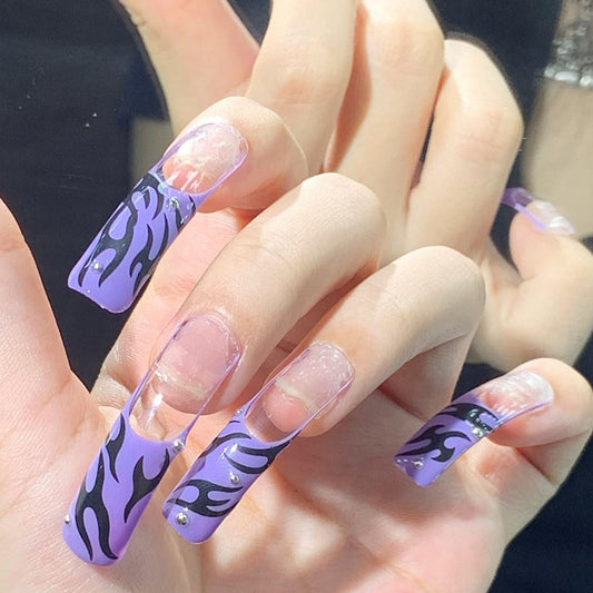 Purple Flame Press-On Nails – Clear Tips with Black Fire Art & Rhinestones Manicure glue on artificial fake faux reusable trendy nail