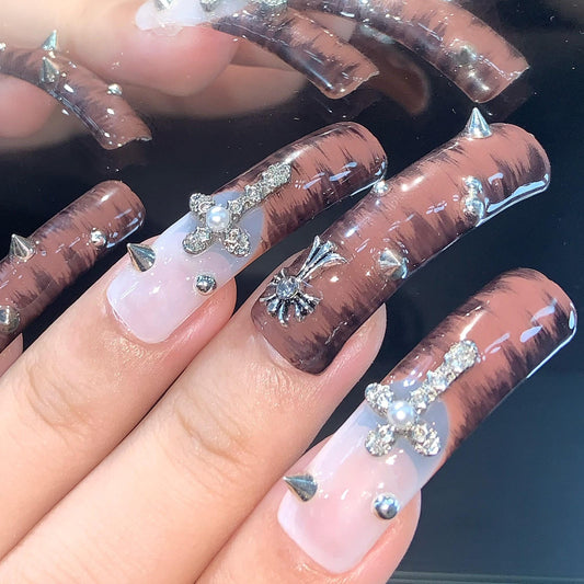Galactic Gothic Press-On Nails – Black Red Ombre with Spikes, Crosses & Orb Charm Manicure glue on artificial fake faux reusable trendy nail