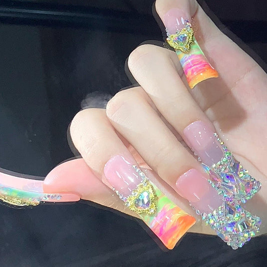 Rainbow Gem Princess Press-On Nails – Multicolor Marble with 3D Crystal Charms Manicure glue on artificial fake faux reusable trendy nail