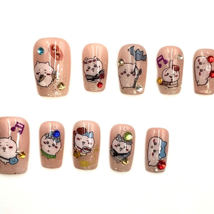 Kawaii Party Cat Press-On Nails – Glitter Tips with Cartoon Charms & Rhinestones Manicure glue on artificial fake faux reusable trendy nail