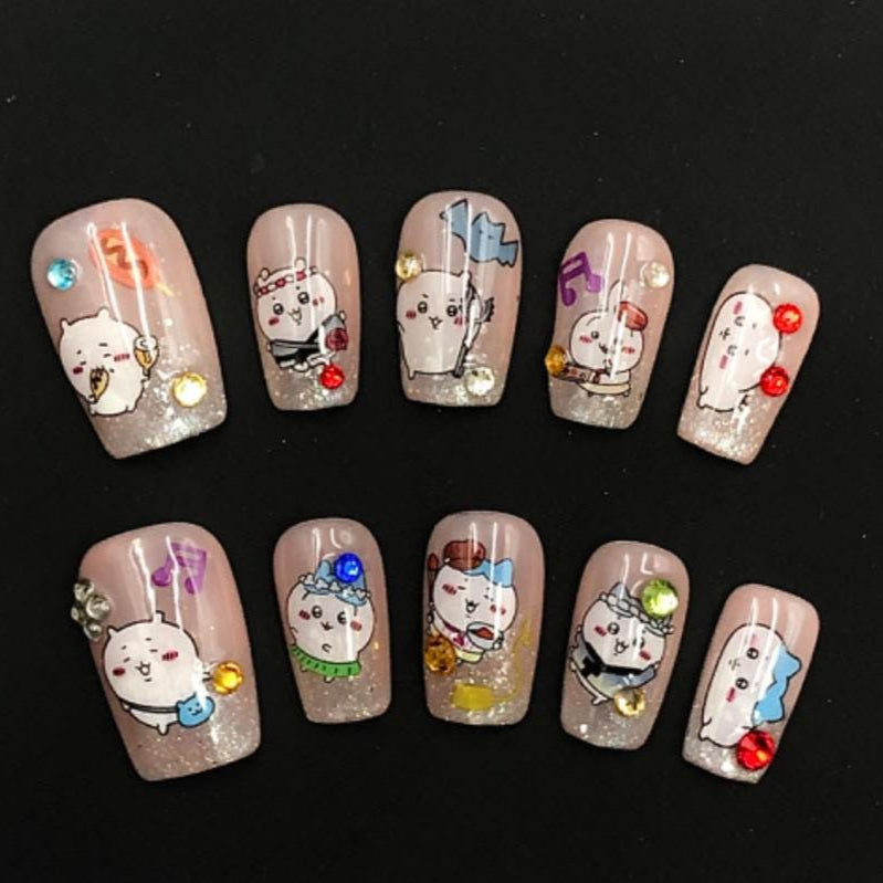 Kawaii Party Cat Press-On Nails – Glitter Tips with Cartoon Charms & Rhinestones Manicure glue on artificial fake faux reusable trendy nail