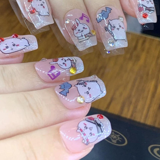 Kawaii Party Cat Press-On Nails – Glitter Tips with Cartoon Charms & Rhinestones Manicure glue on artificial fake faux reusable trendy nail