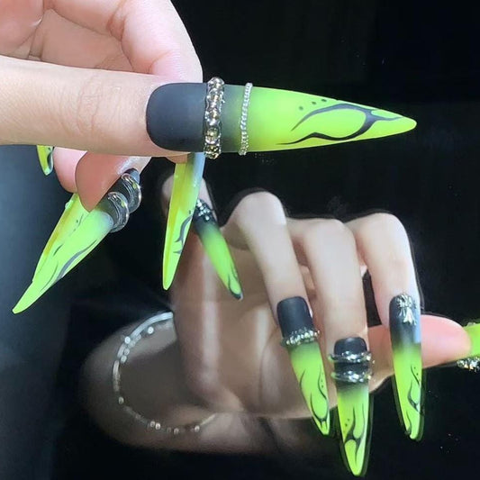 Neon Flame Gothic Press-On Nails Matte Black & Green with Tribal Art Cross Charms Manicure glue on artificial fake faux reusable trendy nail