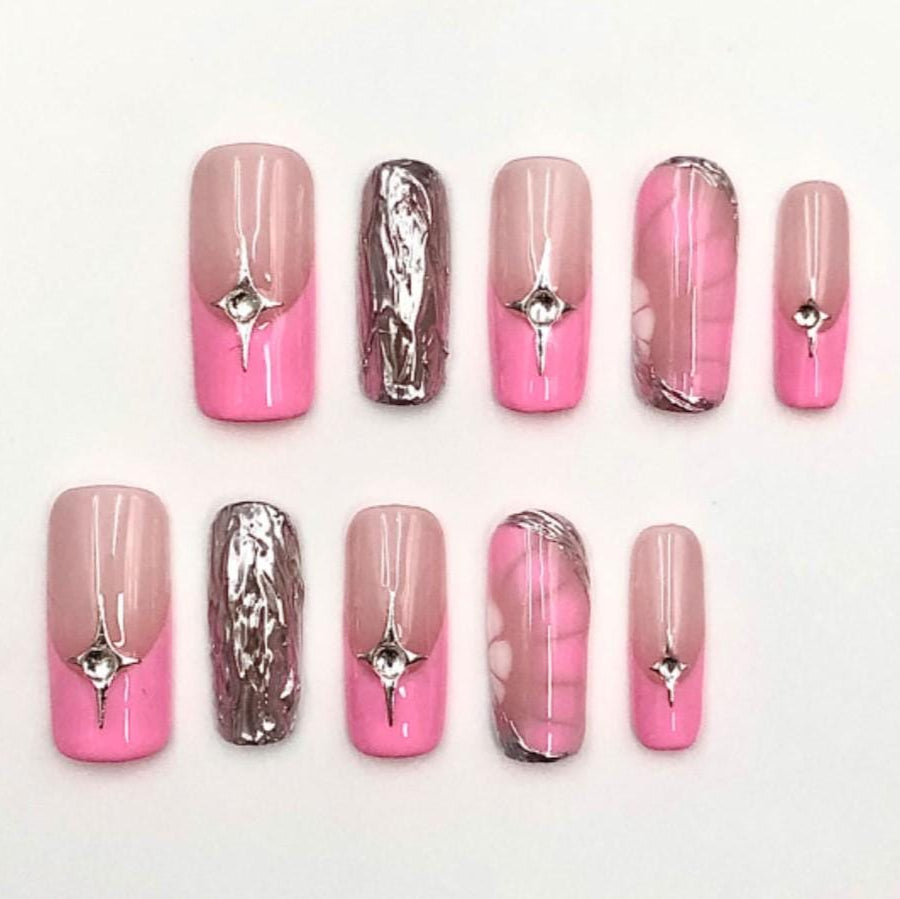Pink Chrome Elegance Press-On Nails Glossy Two-Tone with Metallic Marble Accents Manicure glue on artificial fake faux reusable trendy nail