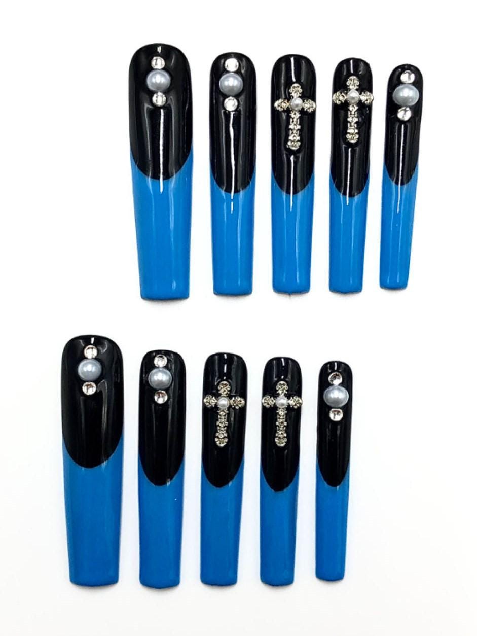 Blue & Black Glossy Press-On Nails with Rhinestone Cross and Pearl Accents–Gothic Glam Nail Set Artificial reusable fake manicure nails art