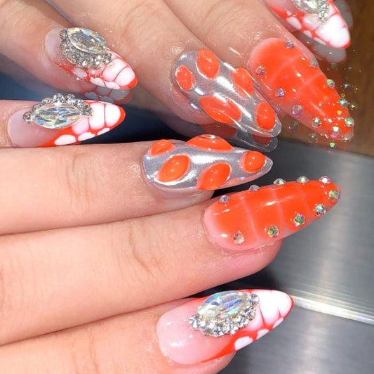 Neon Coral & Chrome Press-On Nails with Rhinestones – Bold 3D Glow Nail Set Artificial reusable fake glue on faux manicure nails trendy art