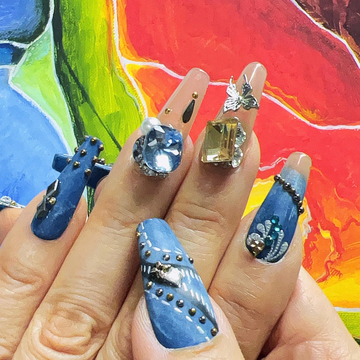 Royal Blue and Nude Baroque Gem Press-On Nails with 3D Embellishments. Artificial reusable fake glue on faux manicure nails trendy art.
