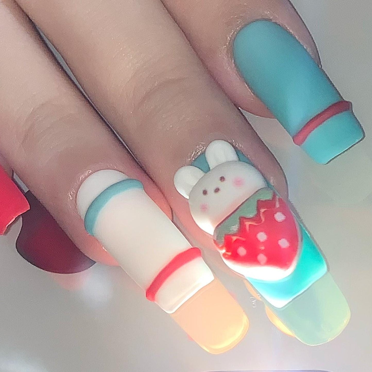Cute Strawberry Bunny Press-On Nails – Matte Kawaii Cartoon Style Manicure glue on artificial fake faux reusable trendy nail