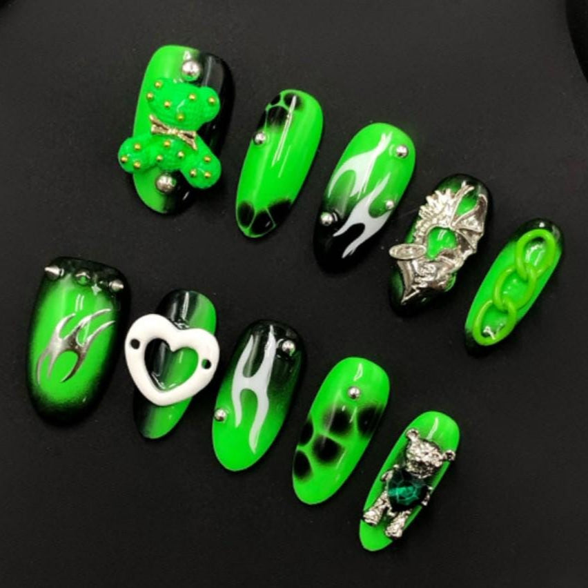 Neon Green Grunge Press On Nails – Flame, Dragon, and Teddy Bear Y2K Set Artificial reusable fake glue on faux manicure nails trendy art