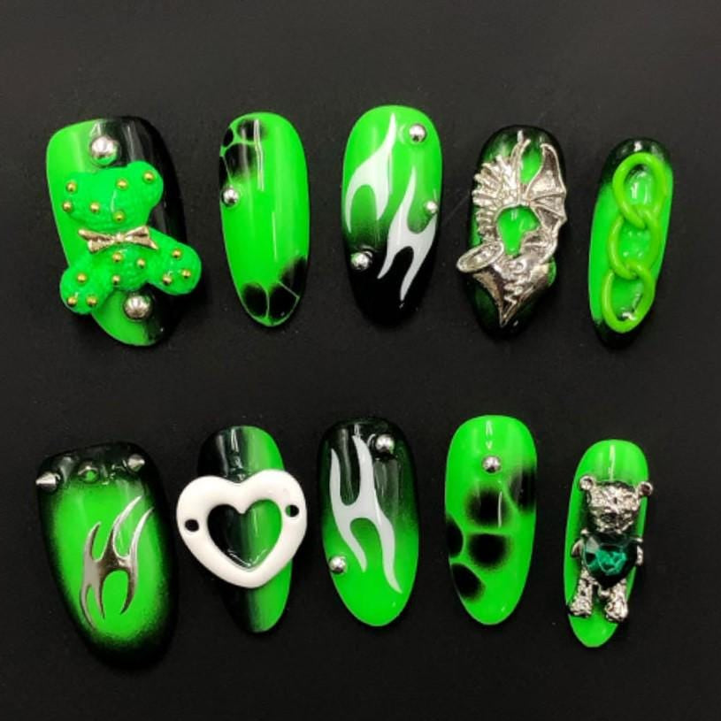 Neon Green Grunge Press On Nails – Flame, Dragon, and Teddy Bear Y2K Set Artificial reusable fake glue on faux manicure nails trendy art