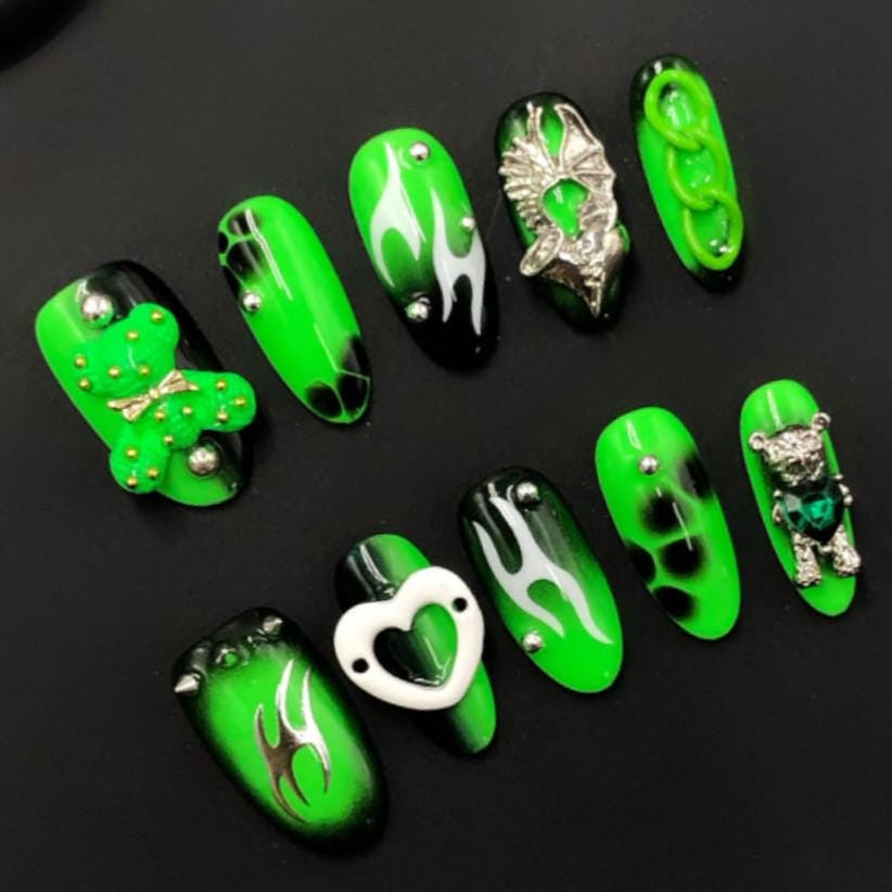 Neon Green Grunge Press On Nails – Flame, Dragon, and Teddy Bear Y2K Set Artificial reusable fake glue on faux manicure nails trendy art