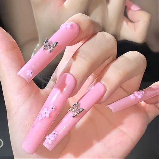 Pink Floral Butterfly Press-On Nails – Long Glossy Sakura-Inspired Set Artificial reusable fake glue on faux manicure nails trendy art
