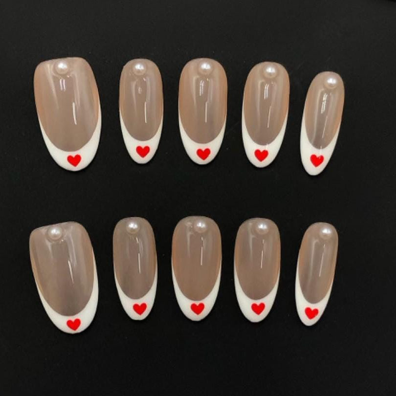 Sweetheart French Tip Press On Nails – Nude, White & Red Heart Design Artificial reusable fake glue on faux manicure nails trendy art