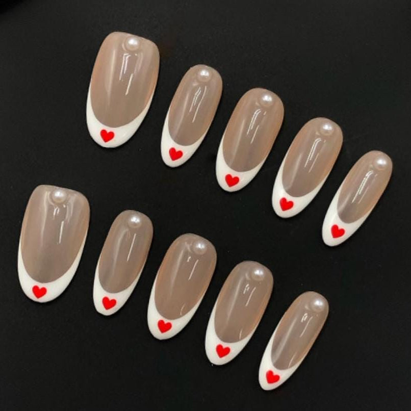 Sweetheart French Tip Press On Nails – Nude, White & Red Heart Design Artificial reusable fake glue on faux manicure nails trendy art