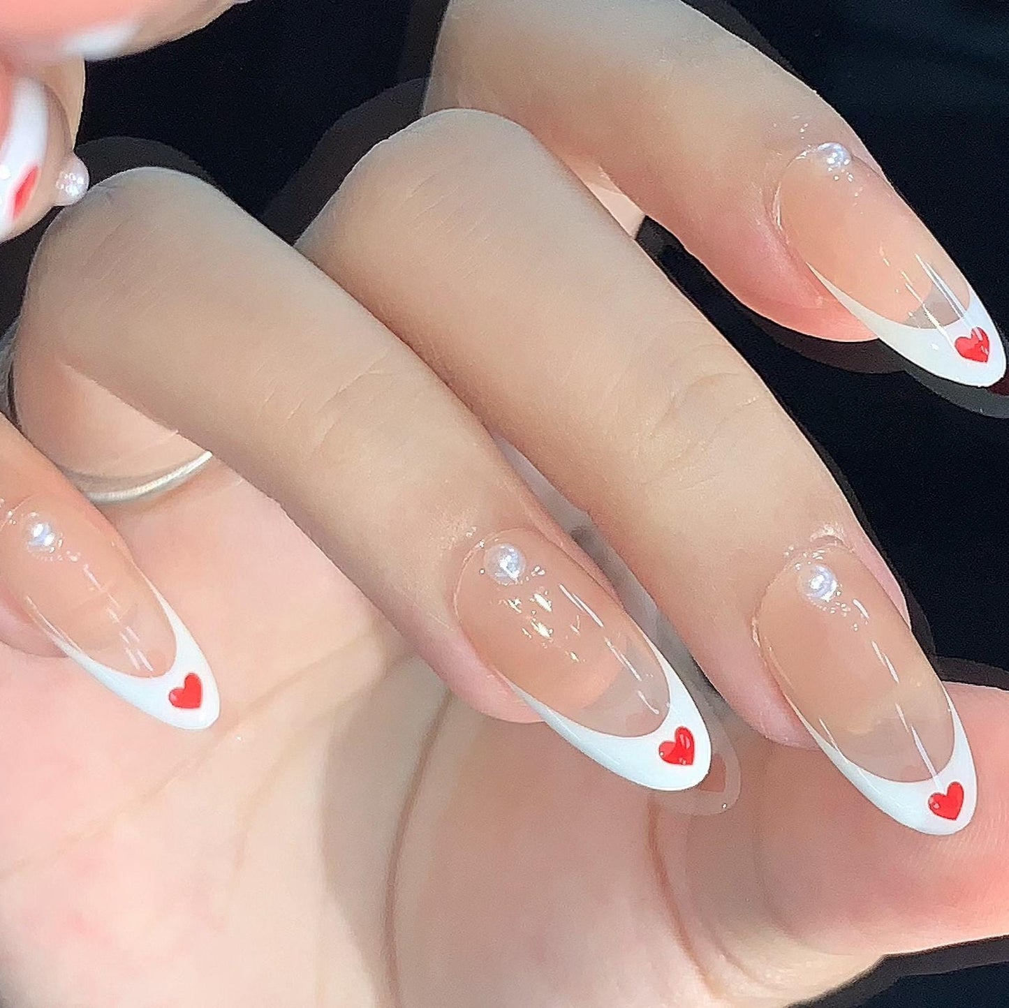 Sweetheart French Tip Press On Nails – Nude, White & Red Heart Design Artificial reusable fake glue on faux manicure nails trendy art
