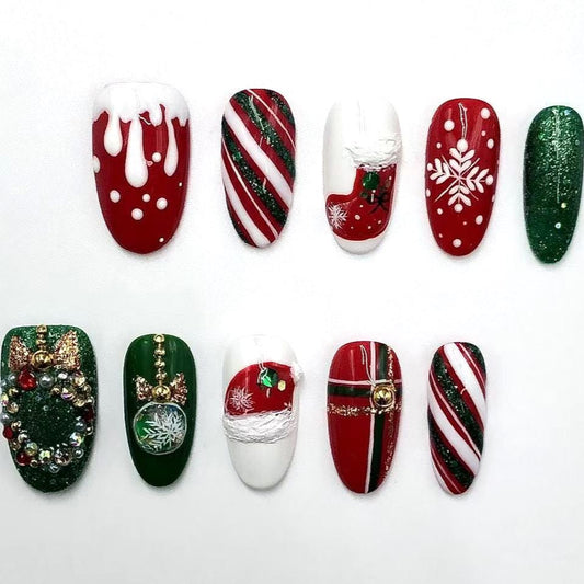 Festive Holiday Press-On Nails–Christmas Candy Cane, Snowflakes Wreath Design Artificial reusable fake glue on faux manicure nails trendy