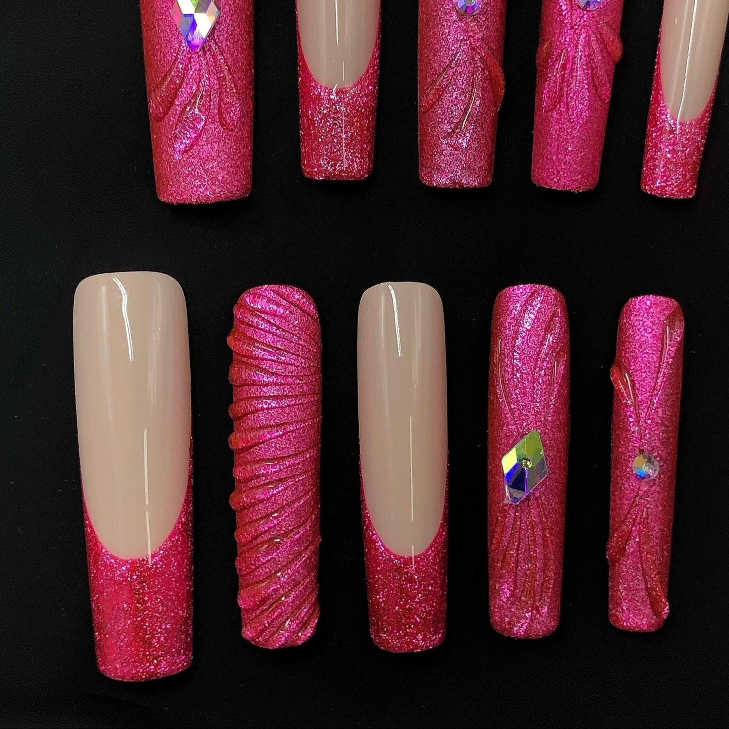 Hot Pink Glitter Press-On Nails with 3D Floral Bow Design Artificial reusable fake glue on faux manicure nails trendy art