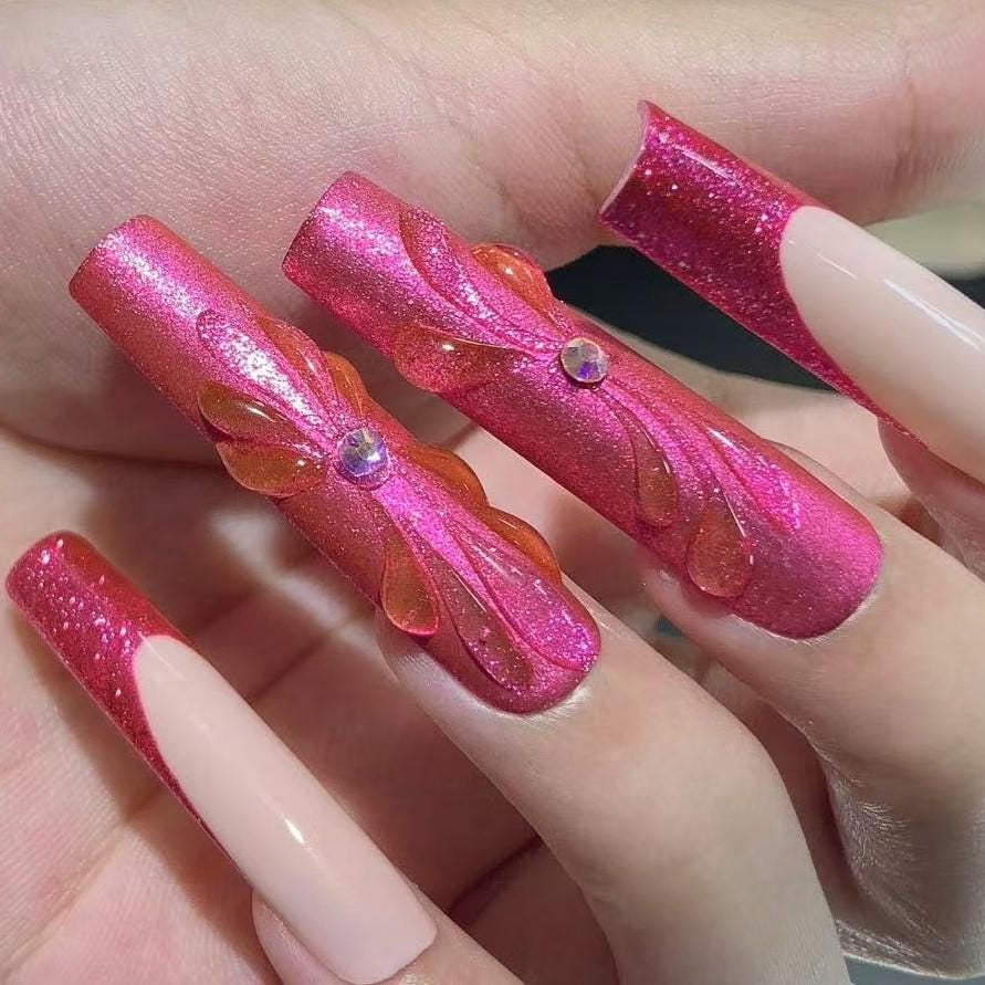 Hot Pink Glitter Press-On Nails with 3D Floral Bow Design Artificial reusable fake glue on faux manicure nails trendy art