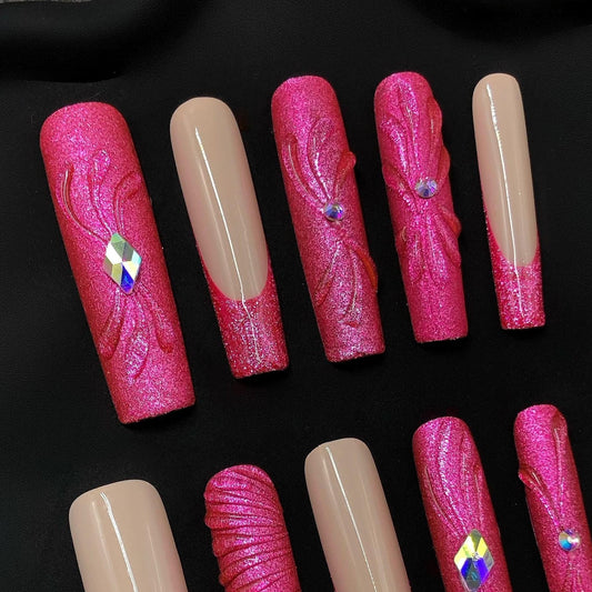 Hot Pink Glitter Press-On Nails with 3D Floral Bow Design Artificial reusable fake glue on faux manicure nails trendy art