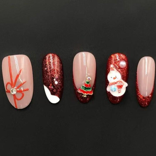 Festive Red Glitter Christmas Press-On Nails with Snowman & Tree Art Artificial reusable fake glue on faux manicure nails trendy art
