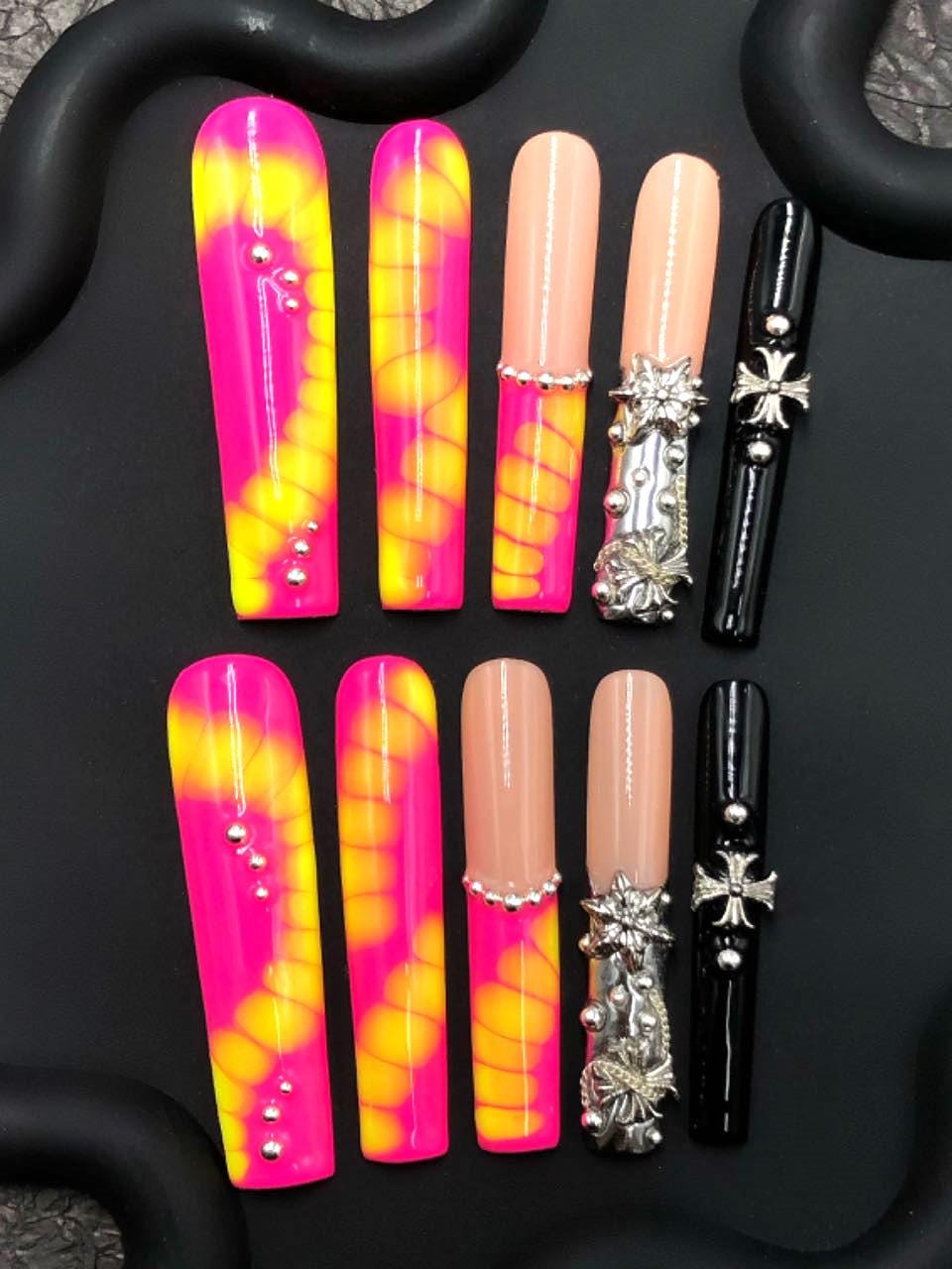 Hot Neon Swirl Press-On Nails – Mixed Set with Nude, Chrome & Gothic Charms Manicure glue on artificial fake faux reusable trendy nail