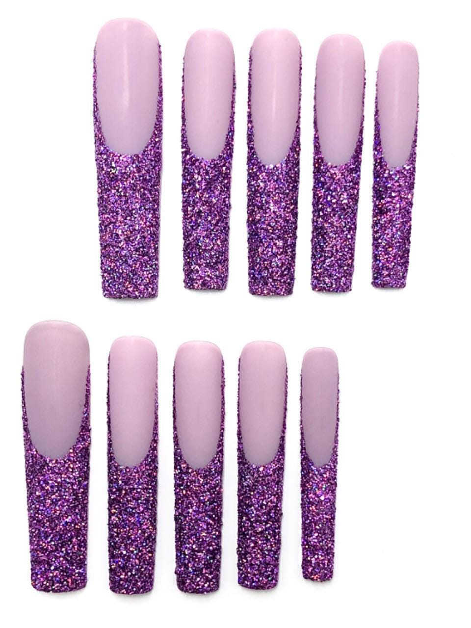 Purple Glitter Ombre Press-On Nails – Sparkly Lavender Glam Set Artificial reusable fake glue on faux manicure nails trendy art