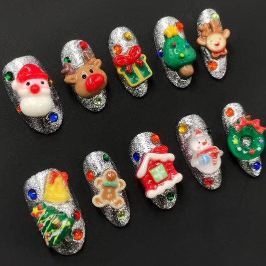 Festive Silver Glitter Christmas Press-On Nails Artificial reusable fake glue on faux manicure nails trendy art