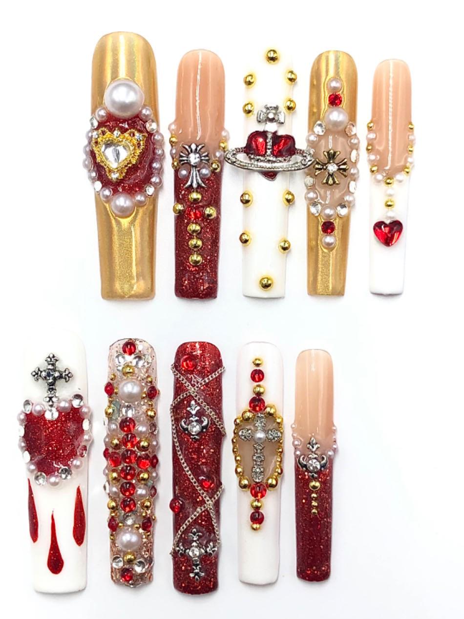 Gothic Royal Press-On Nails – Red Gold White with Crosses Hearts & Pearls Manicure glue on artificial fake faux reusable trendy nail
