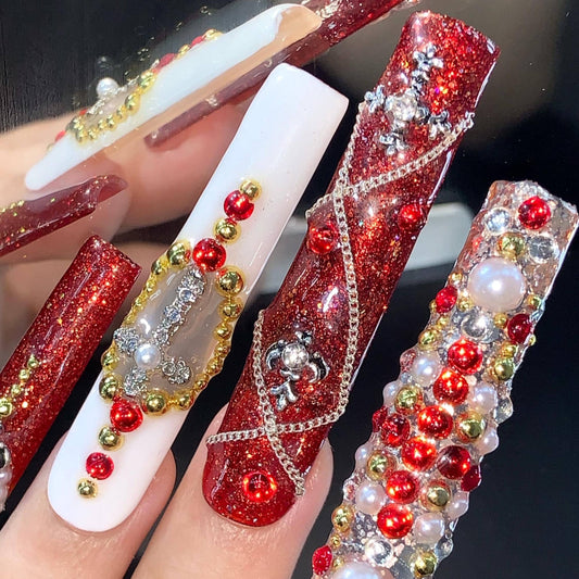 Gothic Royal Press-On Nails – Red Gold White with Crosses Hearts & Pearls Manicure glue on artificial fake faux reusable trendy nail