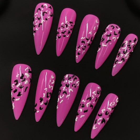 Hot Pink Leopard Print Press-On Nails Artificial reusable fake glue on faux manicure nails trendy art