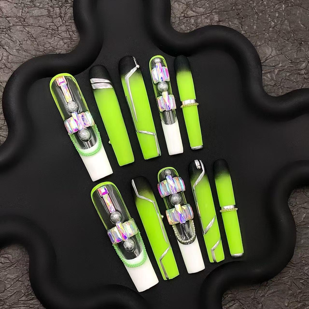 Neon Green & Black Ombre Press-On Nails with Crystal Charms Artificial reusable fake glue on faux manicure nails trendy art