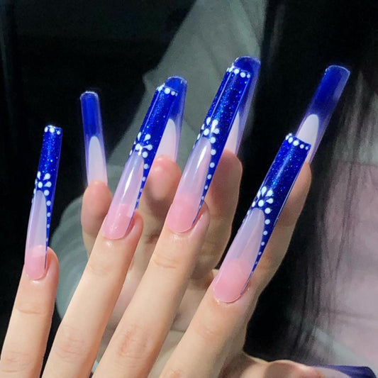 Midnight Bloom Press-On Nails – Navy Blue Floral French Tips Artificial reusable fake glue on faux manicure nails trendy art