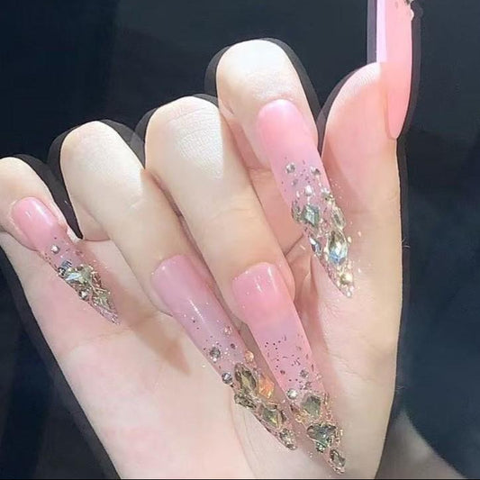 Rose Quartz Glam Press-On Nails – Pink with Gold & Crystal Rhinestones Manicure glue on artificial fake faux reusable trendy nail