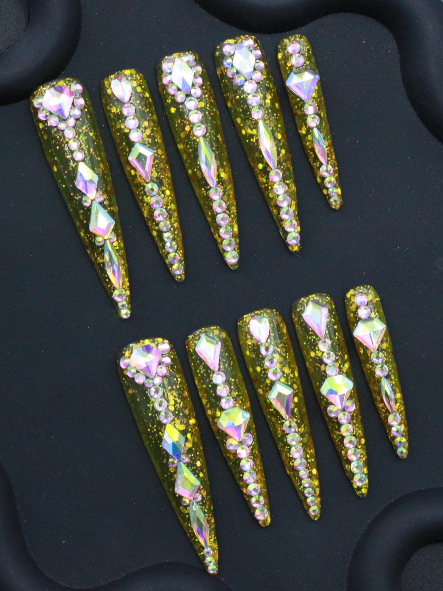 Holographic Gold Glitter Press-On Nails – Diamond Rhinestone Glam Manicure glue on artificial fake faux reusable trendy nail
